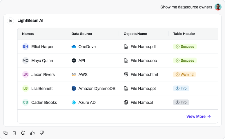 Lumi UI: table display pattern used when a response has 6–20 structured items.