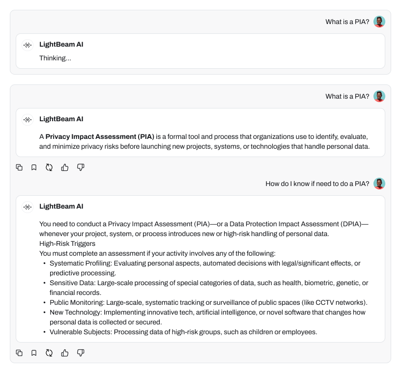 Lumi UI: text-first response layout for conversational answers.