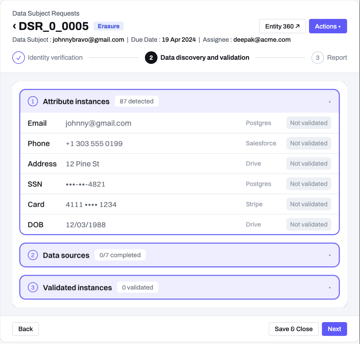 Data discovery step of a request, with instances, data sources and validated items as three stacked panels.