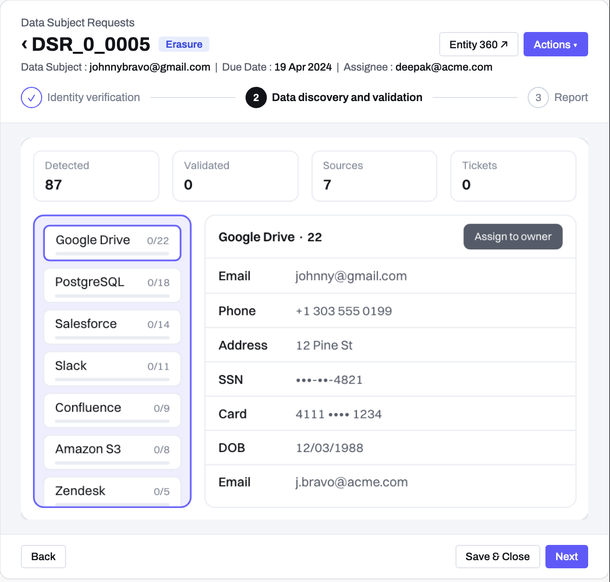 Data discovery step of a request, laid out by data source with an assign-to-owner action.