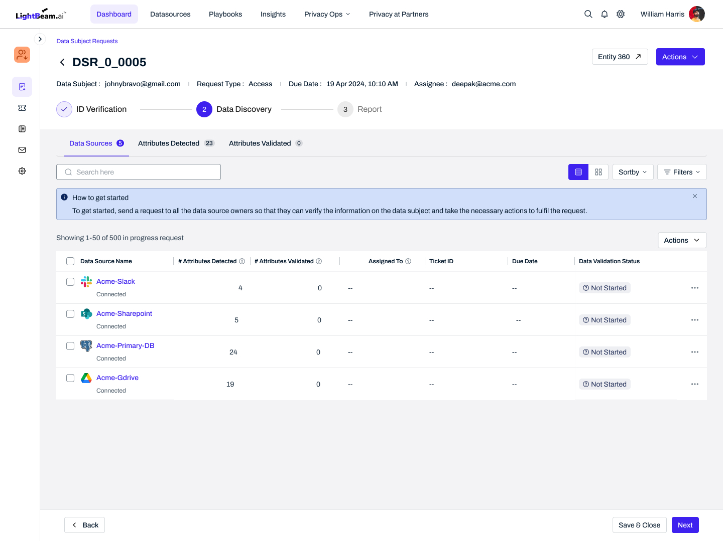 Data sources page for collaboration and ticket assignment in the data discovery step (initial design)