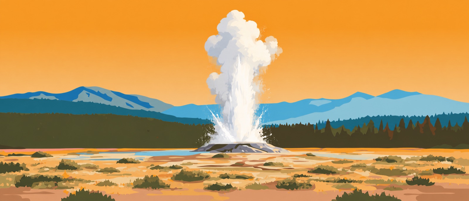 Illustration of Old Faithful erupting against an orange sky, with blue mountains and forest behind.
